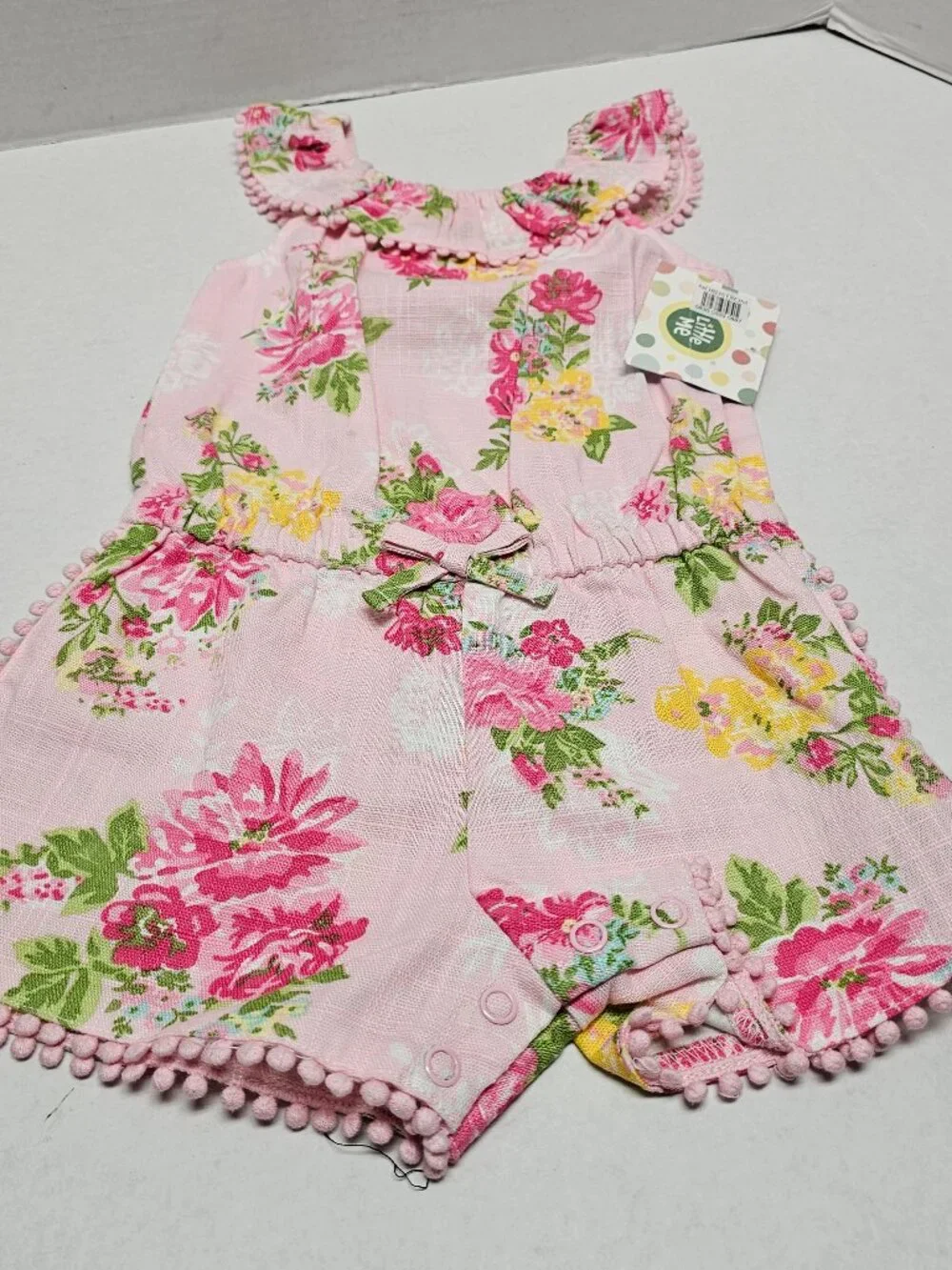 New Little Me Pink Baby Girl Flower Woven Romper Sleeveless Pom edge 24 Month
